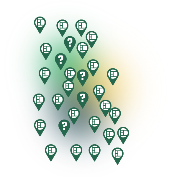 Several map markers representing several existing bins and a few requests